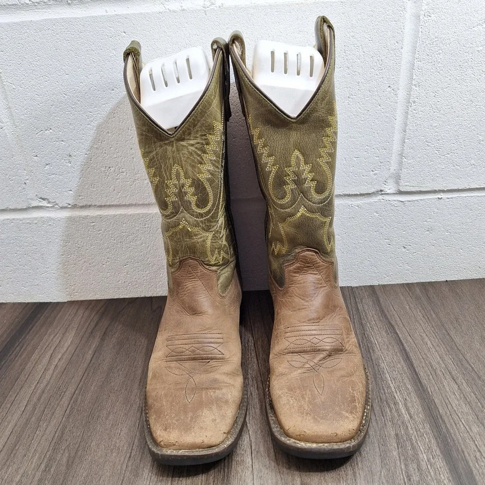Old West Kids Size 5Y Western Cowboy Boots Tan Olive Green Leather Square Toe